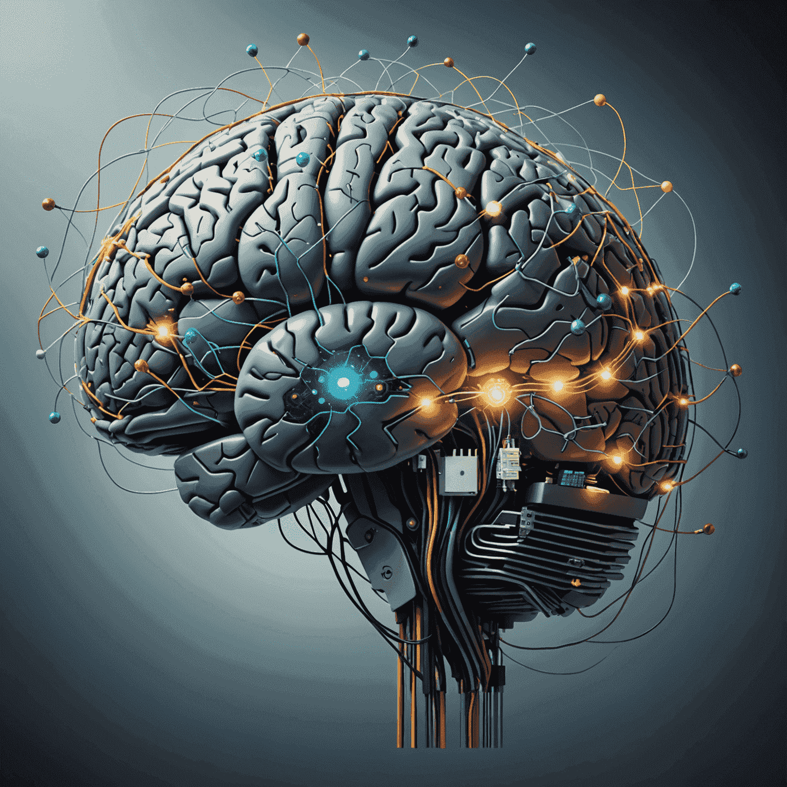 An illustration of a human brain with artificial intelligence circuits and connections, representing the fusion of human intelligence and machine learning