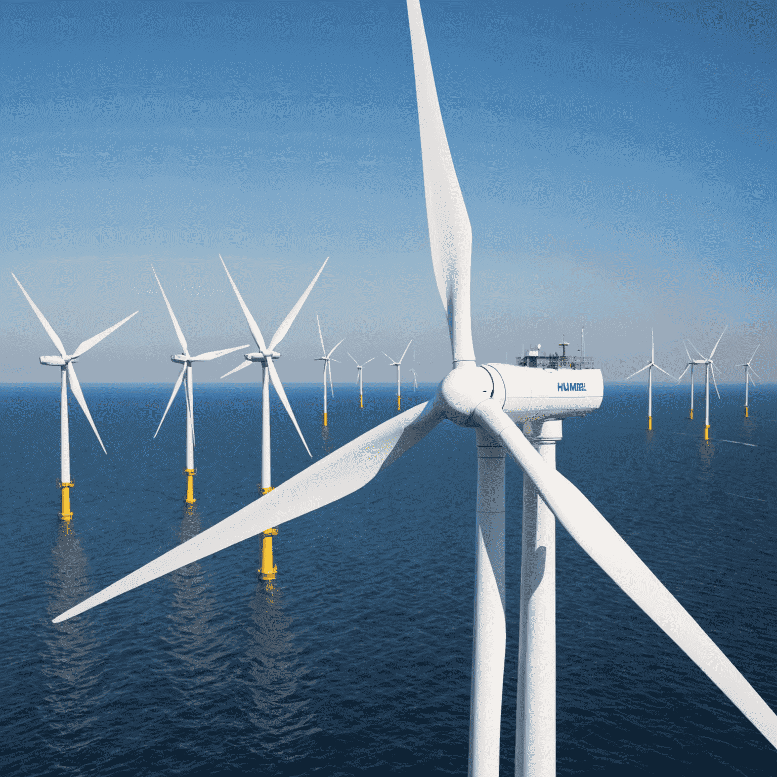 Massive offshore wind turbines with sleek, white blades spinning gracefully in the open sea, harnessing the power of the wind to generate clean energy.