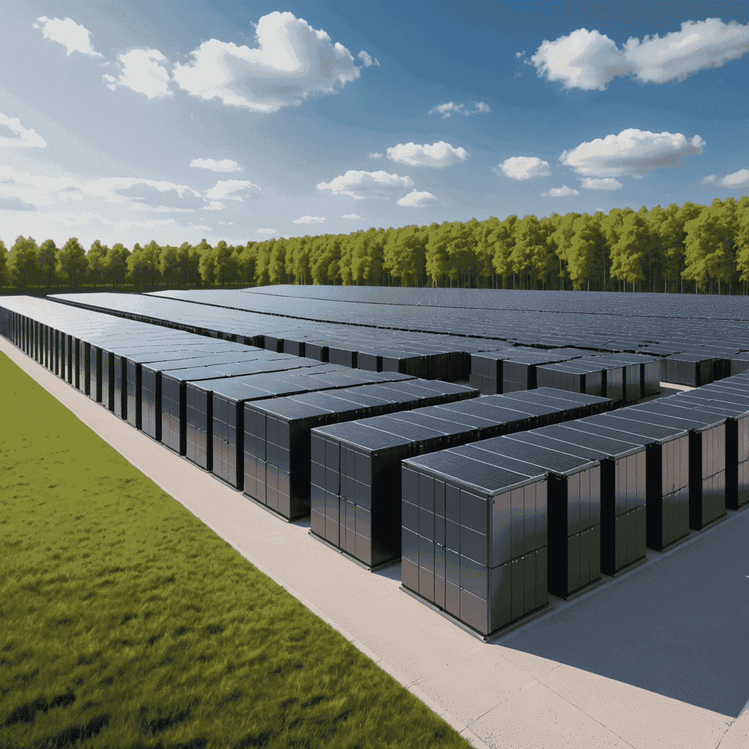 A large-scale battery energy storage system consisting of rows of high-capacity batteries, allowing for the efficient storage and distribution of renewable energy.