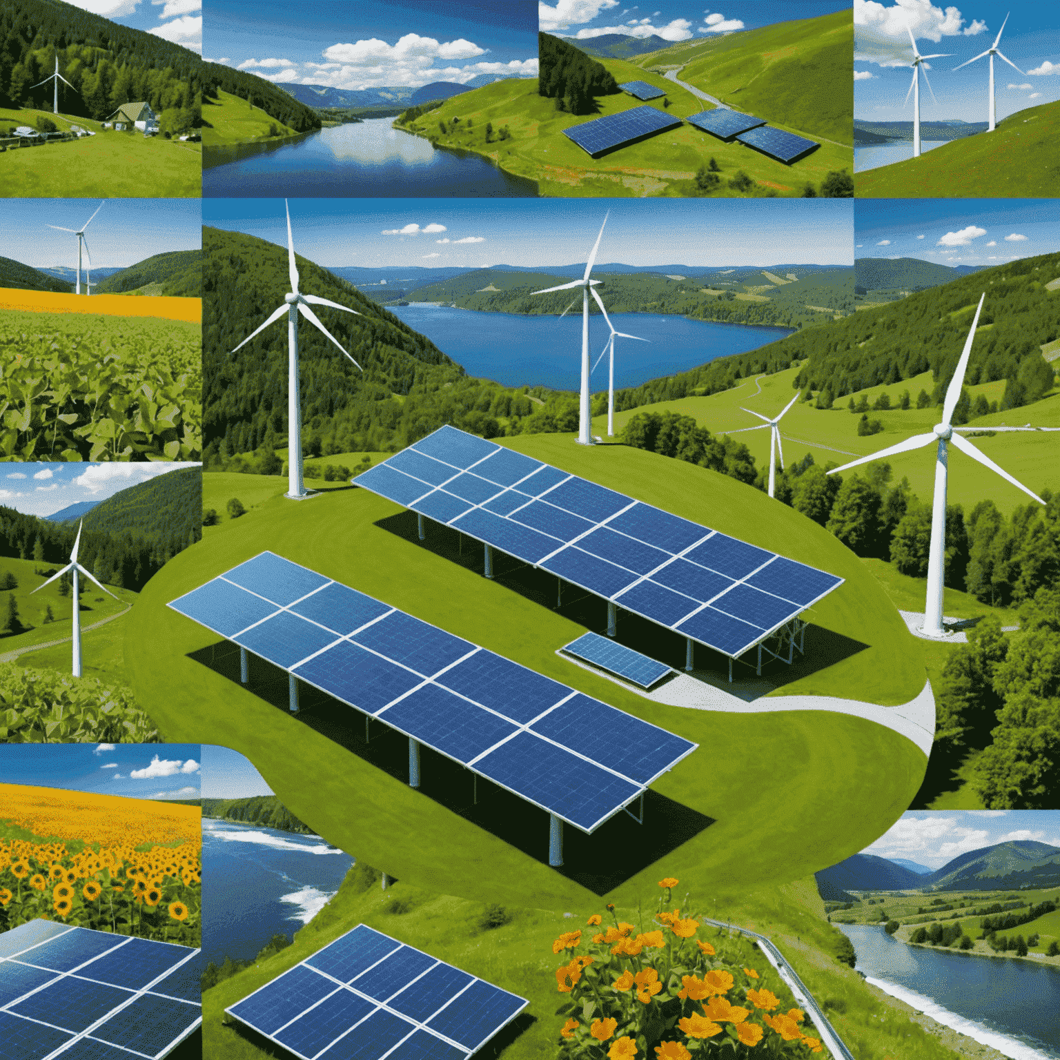 A collage of renewable energy sources, including solar panels, wind turbines, and hydroelectric dams, showcasing the latest developments in clean energy technologies and their potential to combat climate change.