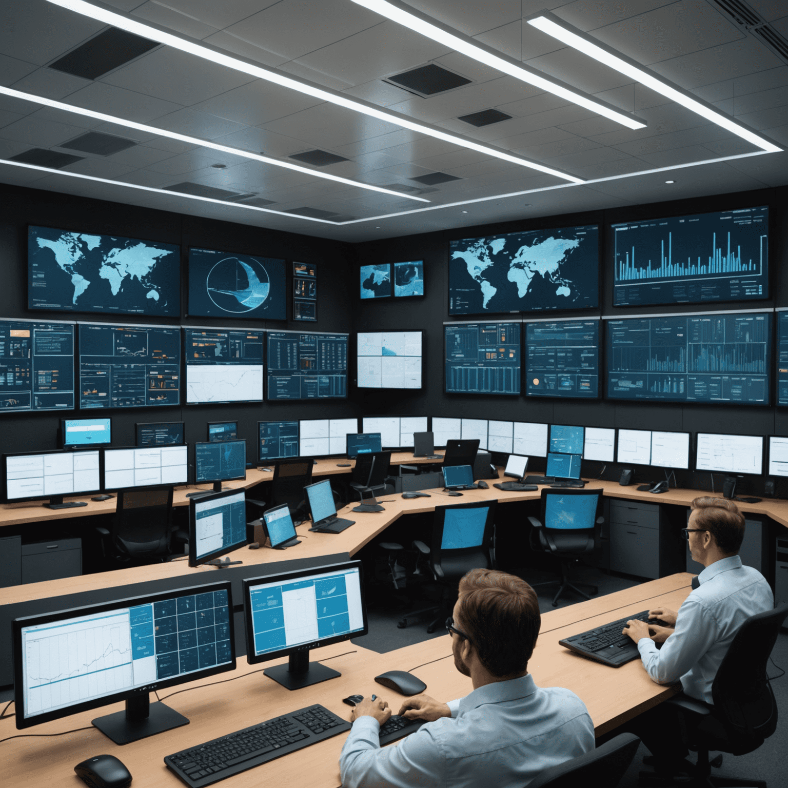 A modern control room with multiple screens displaying real-time data and analytics for a smart grid system, enabling efficient management and distribution of renewable energy.